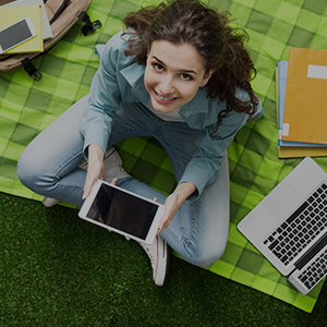 Teacher using tablet in classroom